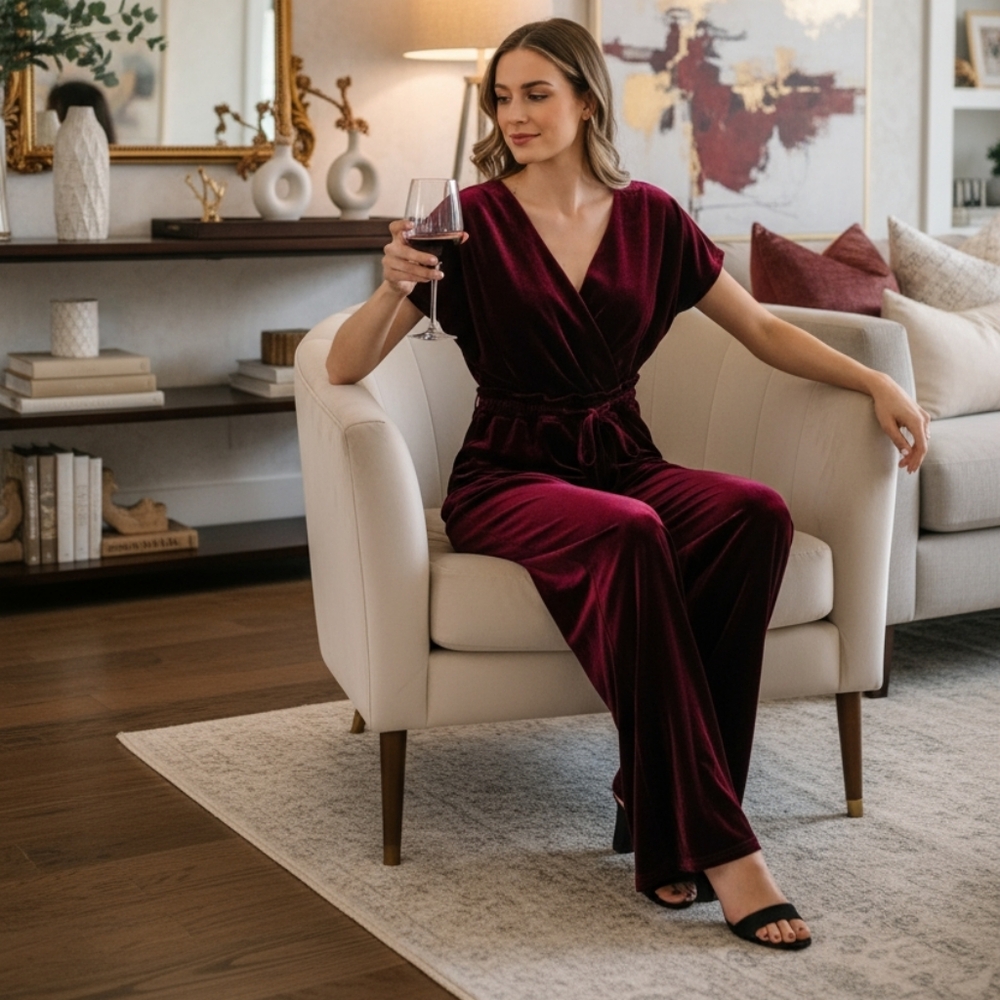 Velvet Jumpsuit One-piece Short Sleeve Drawstring Waist Wide Leg Pants Outfit
